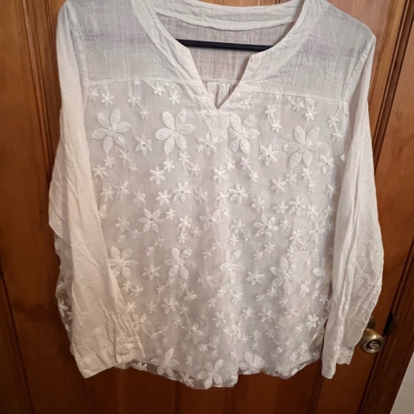 None Tops - Really cute white small V-neck with sheer layover (attach)!